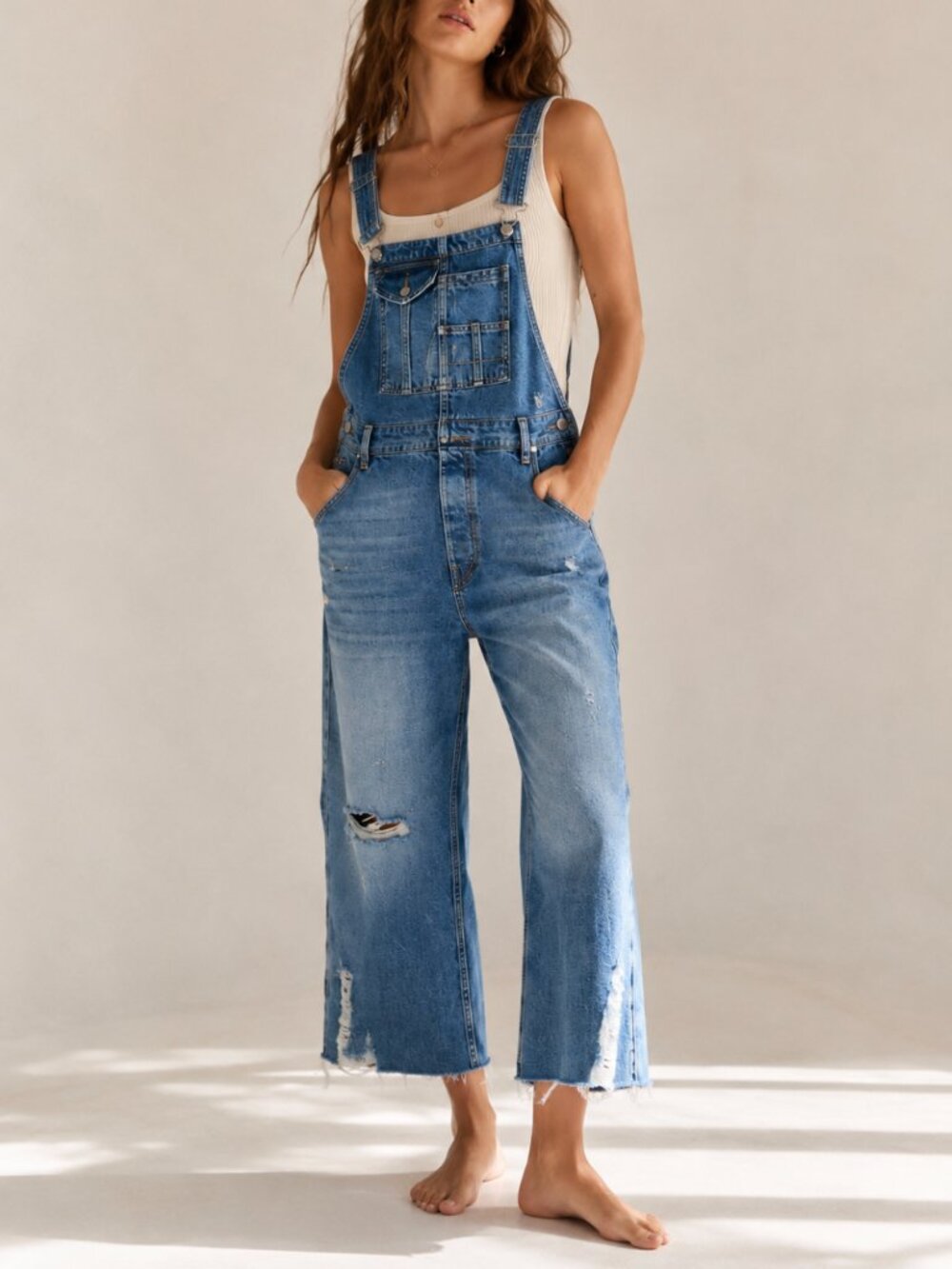 We The Free by Free People Denim Overalls Distressed Wide Leg Size 27